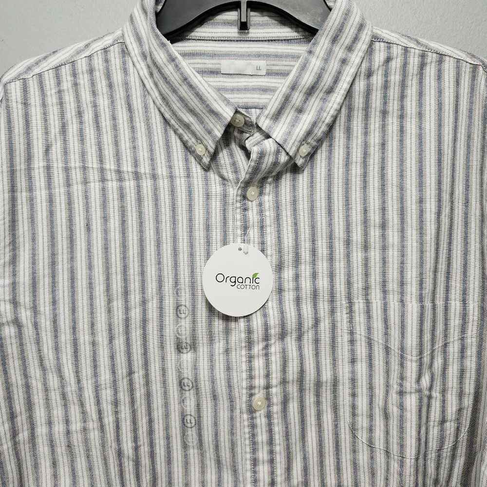 Organic cotton men's button-down shirt large long stripped cream and blue - Picture 2 of 9